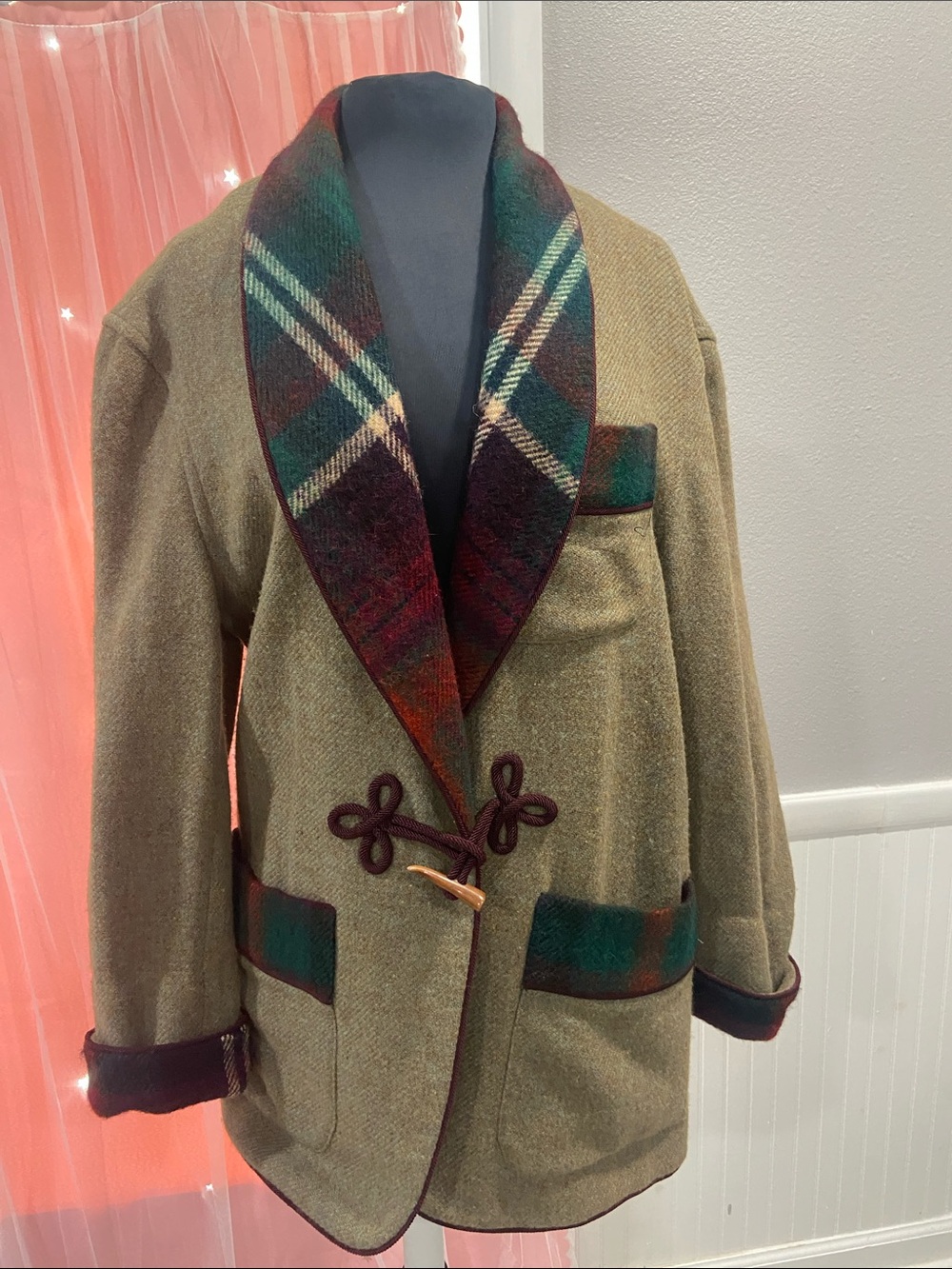 Ralph Lauren Olive Wool Pea Coat with Plaid Shawl Collar size 8